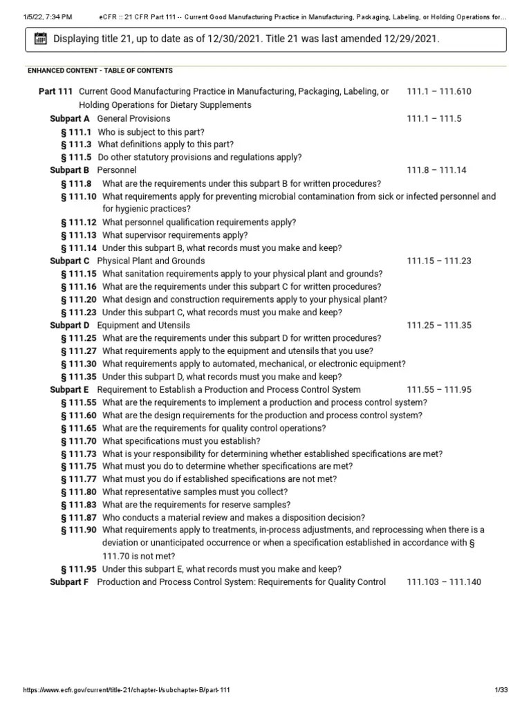 Audit Checklist - 21 CFR 111 | PDF | Dietary Supplements | Water