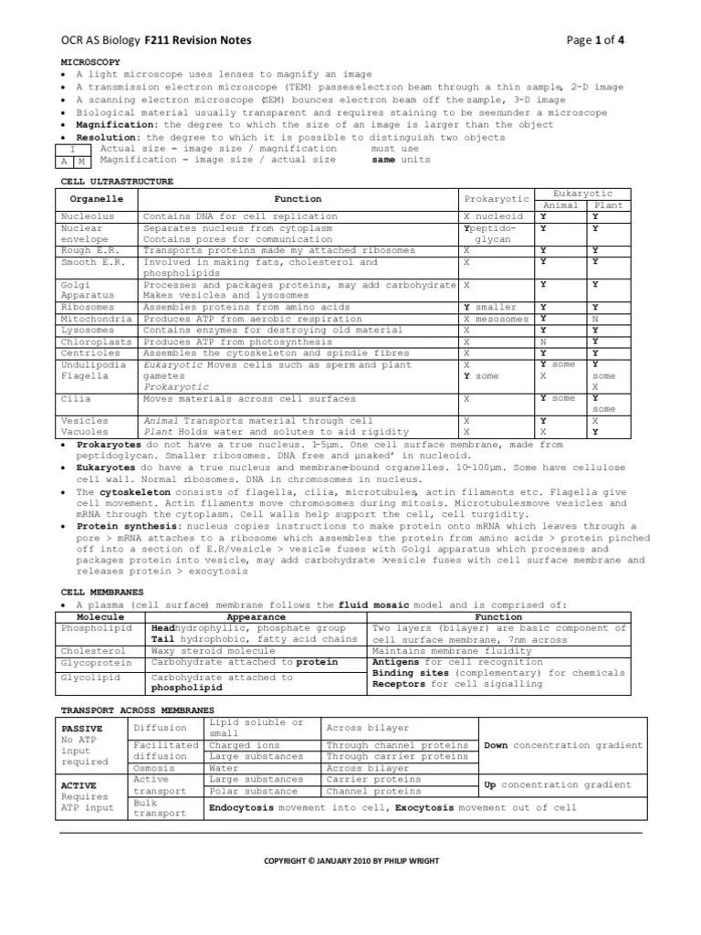 Ocr Biology F211 Cells Exchange And Transport Revision