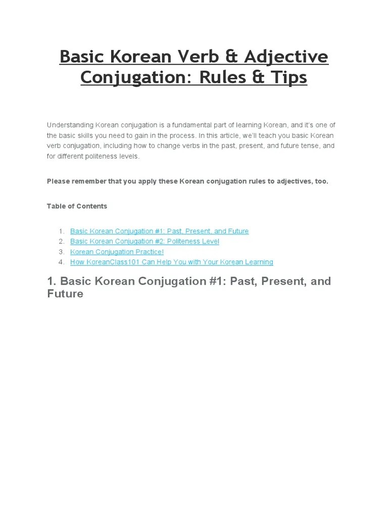 Korean Verb & Adjective Conjugation Guide | PDF | Grammatical ...