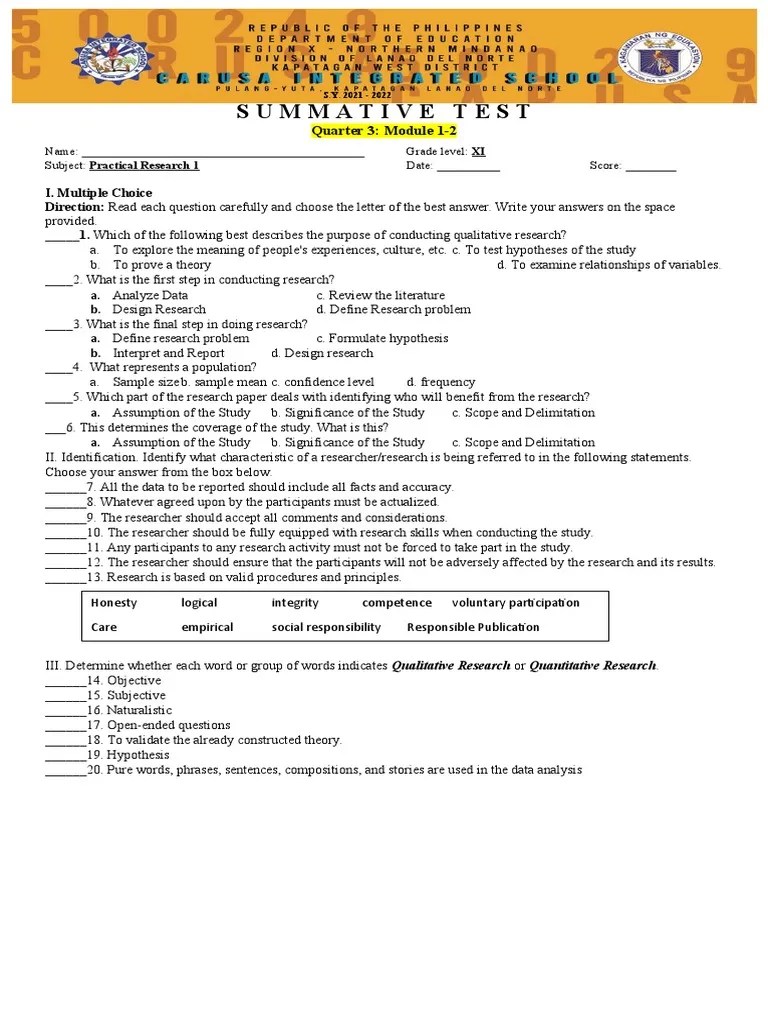 Practical Research Summative Test | PDF | Hypothesis | Data Analysis
