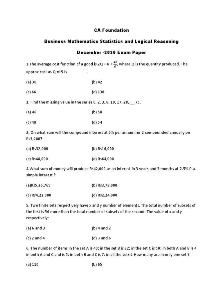 CA Foundation Business Mathematics Statistics And Logical Reasoning December - 2020 Exam Paper ...