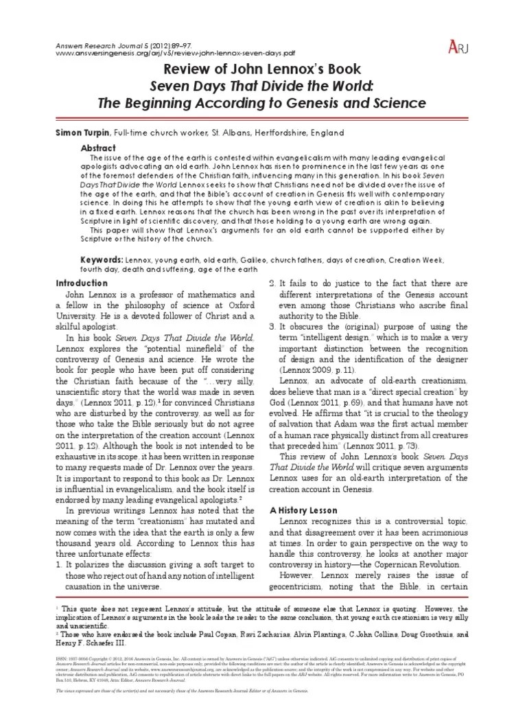 Review John Lennox Seven Days | PDF | Creationism | Genesis Creation Narrative