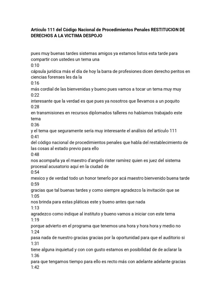 Artículo 111 Del Código Nacional De Procedimientos Penales RESTITUCION ...