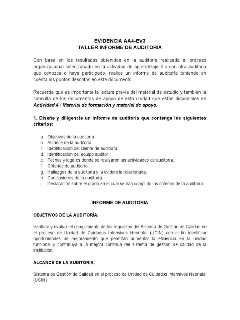 Evidencia AA4 Ev3 Taller Informe De Auditoria | PDF | Auditoría | Contralor