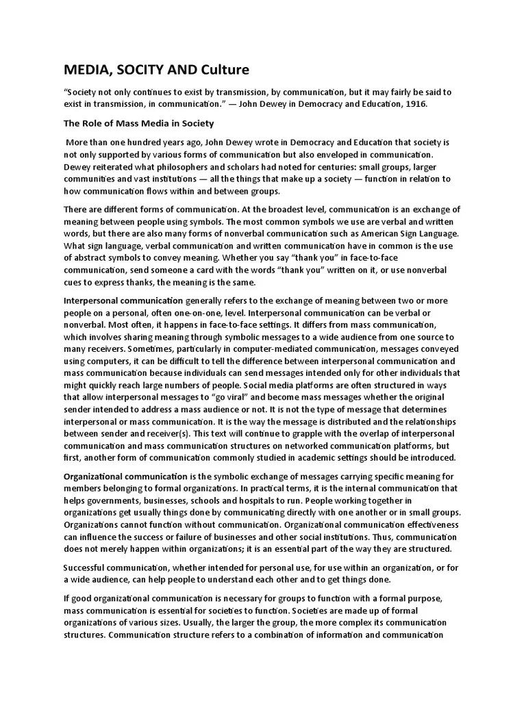 Media Society Culture | PDF | Mass Media | Communication
