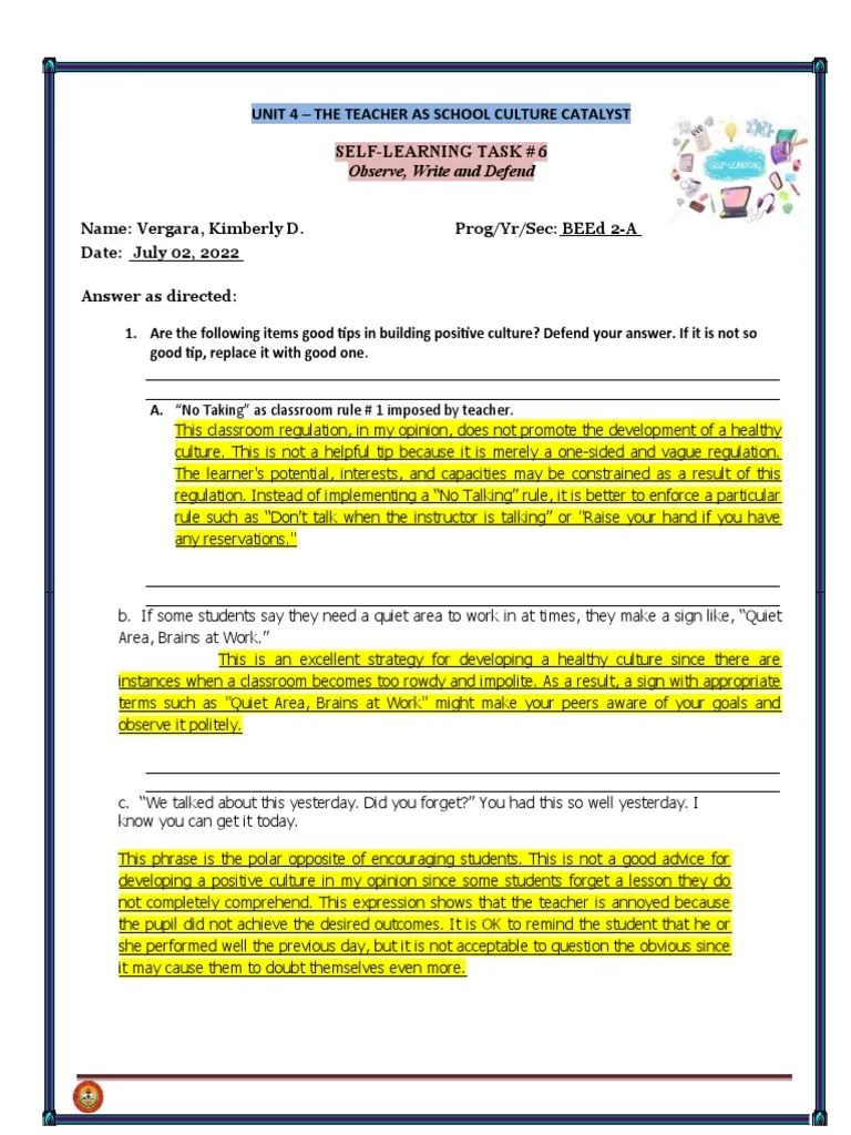 UNIT 4-Self-Learning Task #6 | PDF | Teachers | Learning