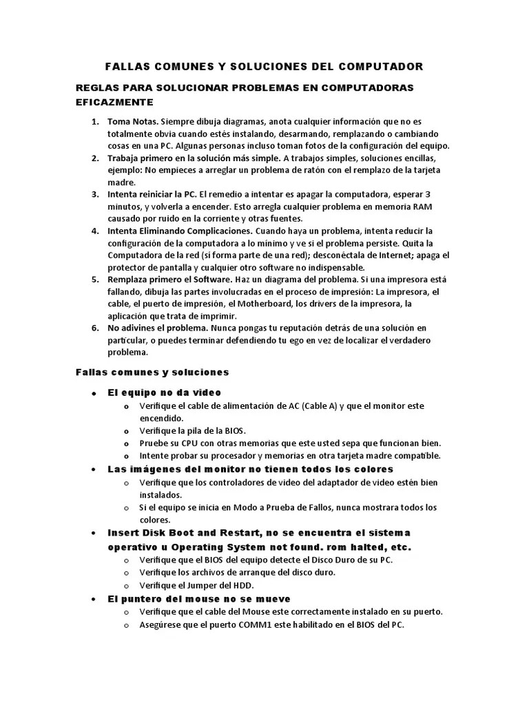 Fallas Comunes Y Soluciones Del Computador | PDF | Bios | Diodo Emisor De Luz