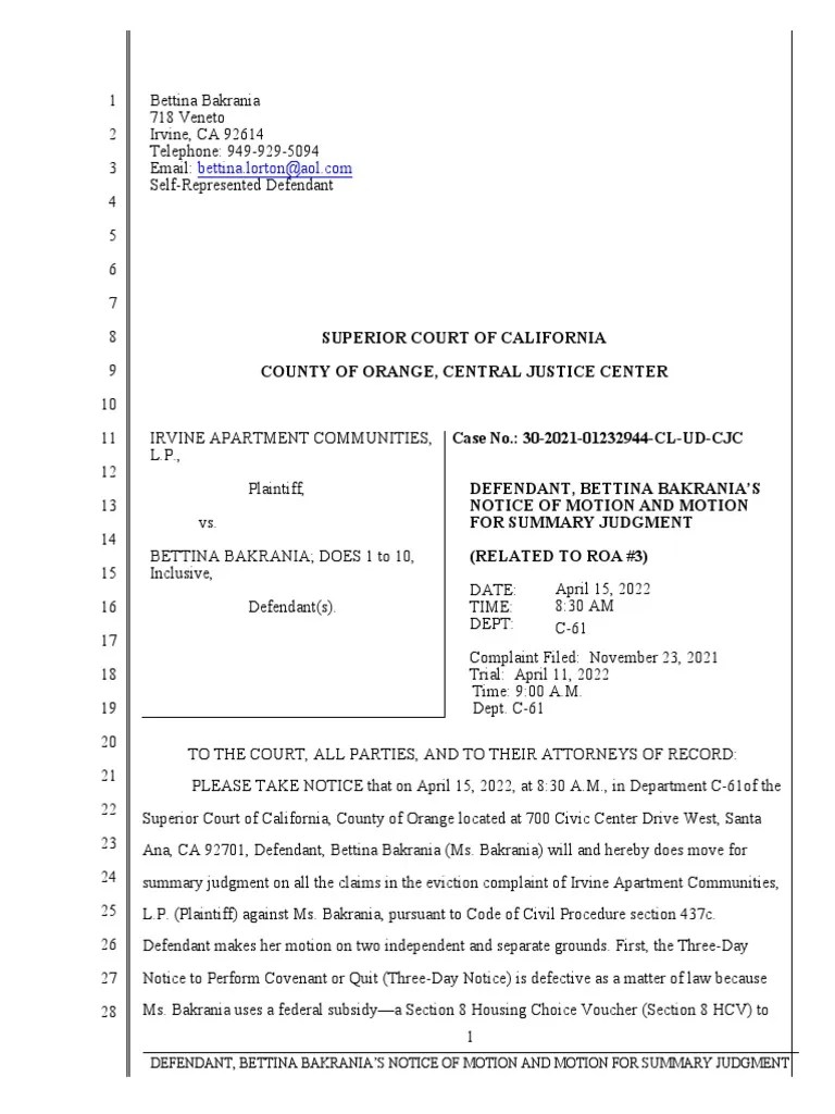 Motion For Summary Judgment | PDF | Summary Judgment | Complaint