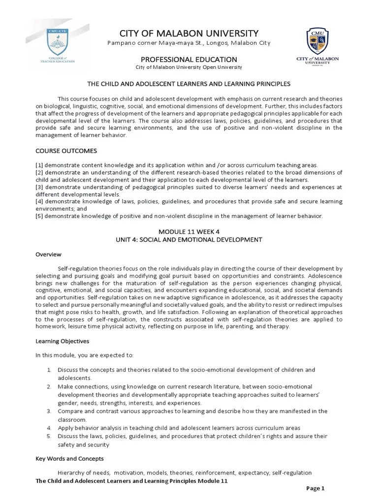 MODULE 11 - Week 4 - The Child And Adolescent Learners And Learning ...