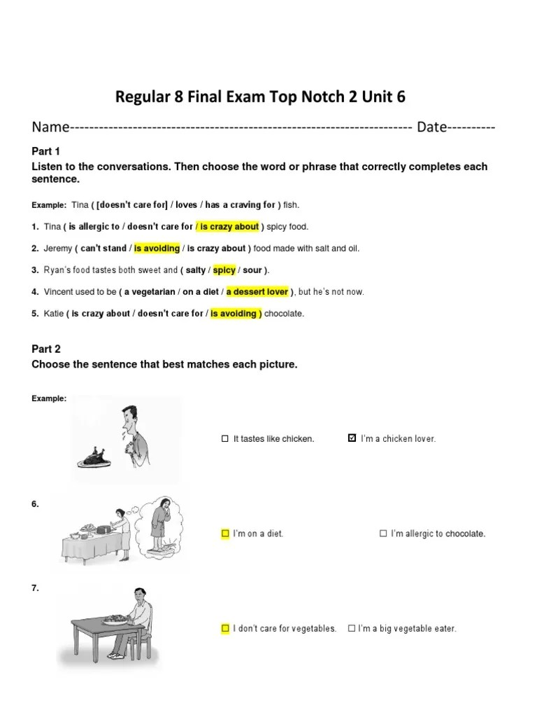 Final Exam TOP Notch 2 Unit 6 | PDF | Cuisine | Taste