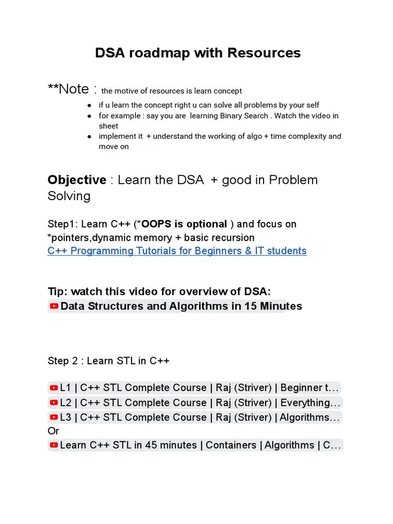 DSA Roadmap Sheet | PDF | C++ | Time Complexity