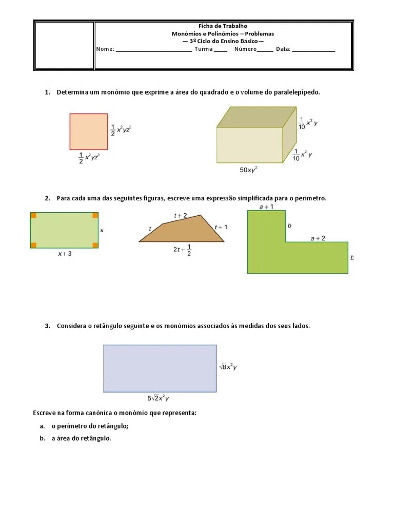 Ficha - Monómios E Polinómios - Problemas | PDF