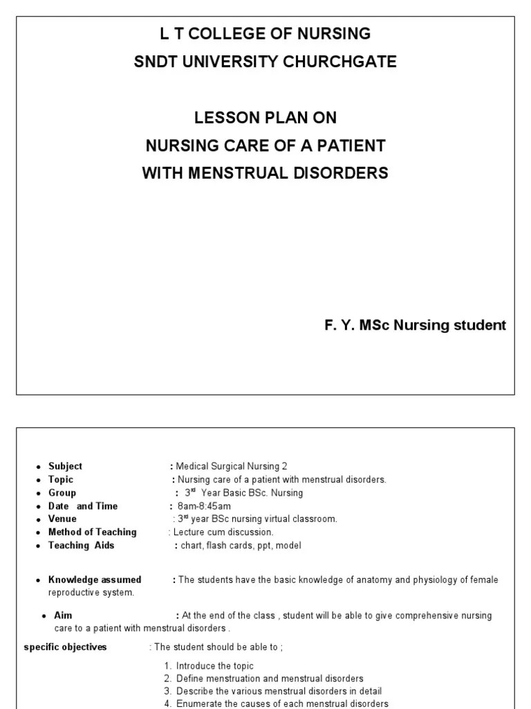 L T College Of Nursing SNDT University Churchgate Lesson Plan On Nursing Care Of A Patient With ...