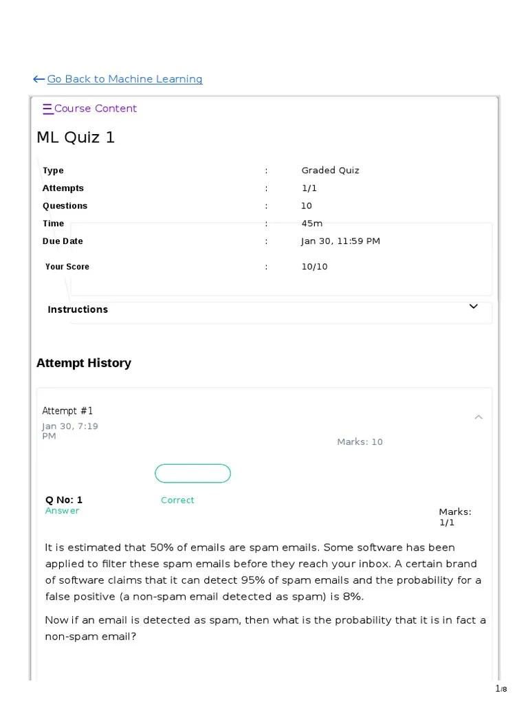 ML Quiz 1: Course Content | PDF | Email Spam | Statistical Analysis