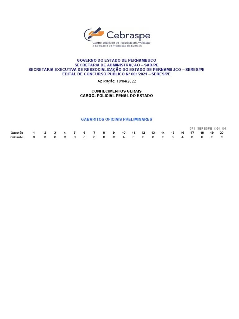 Prova Policia Penal 2022gabarito Conhe Gerais | PDF