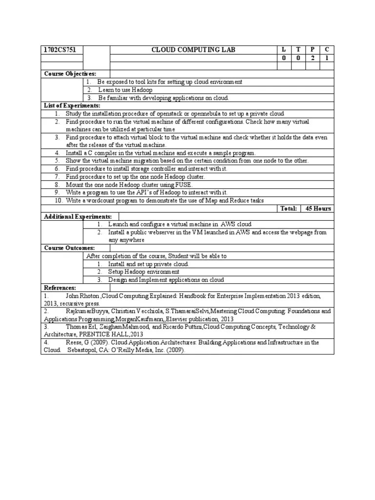 1702cs751 Cloud Computing Lab Syllabus | PDF | Cloud Computing | Apache ...
