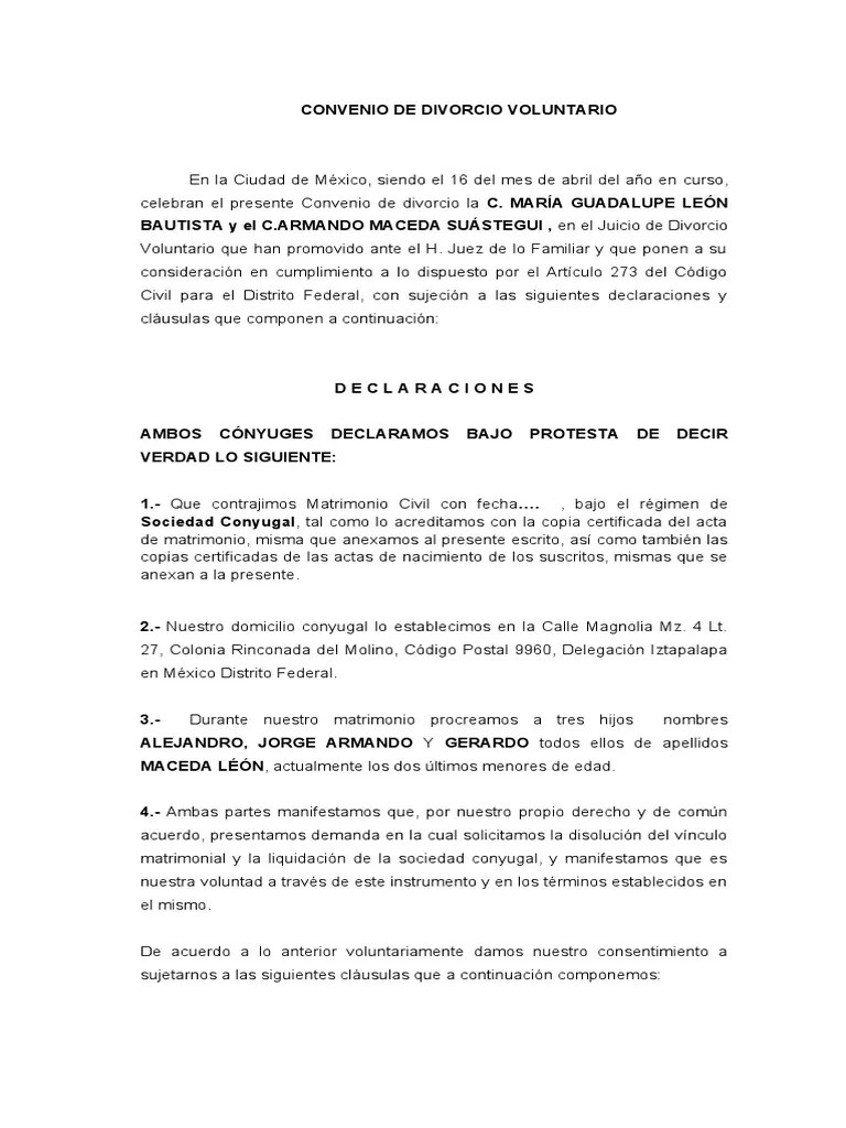 Convenio De Divorcio Voluntario | PDF | Divorcio | Matrimonio
