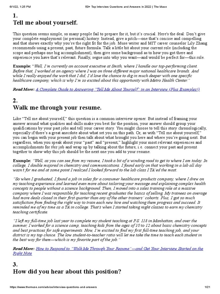 50+ Top Interview Questions And Answers In 2022 - The Muse | PDF ...