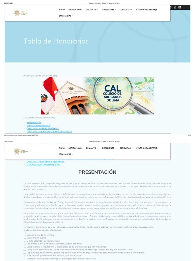 Tabla De Honorarios - Colegio De Abogados De Lima | PDF | Perú | Salario