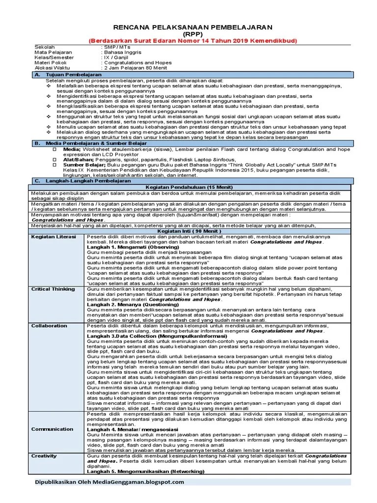 RPP 1 Lembar Bahasa Inggris Kelas 9 Semester 1 Congratulations And ...