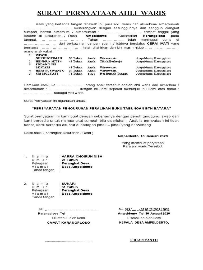 Surat Pernyataan Ahli Waris | PDF