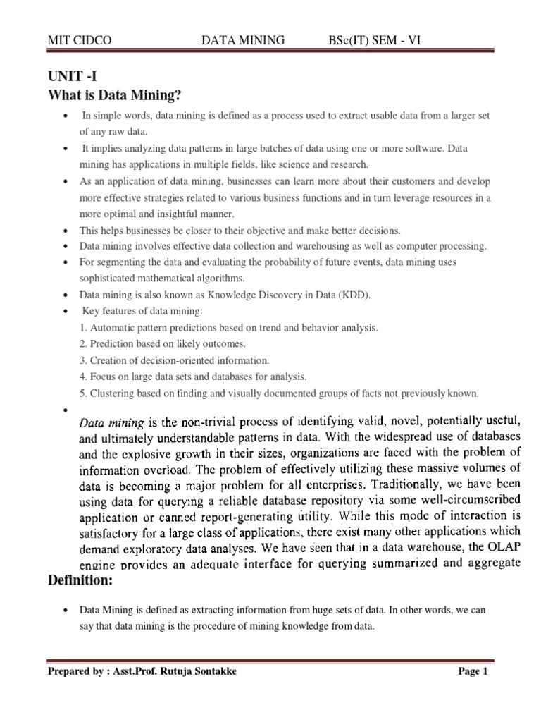 Unit - I What Is Data Mining?: Mit Cidco Data Mining BSC (It) Sem - Vi ...