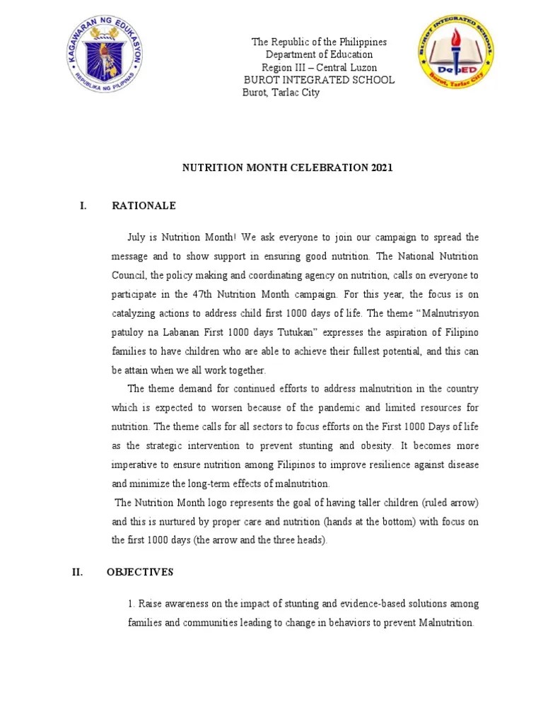 Nutrition Month Celebration 2021 I. Rationale | PDF | Malnutrition ...