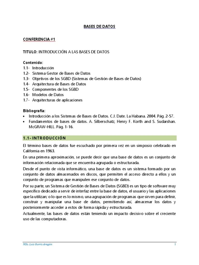 Conferencia 1 - INTRODUCCIÓN A LAS BASES DE DATOS | PDF | Bases De Datos | Base De Datos Relacional
