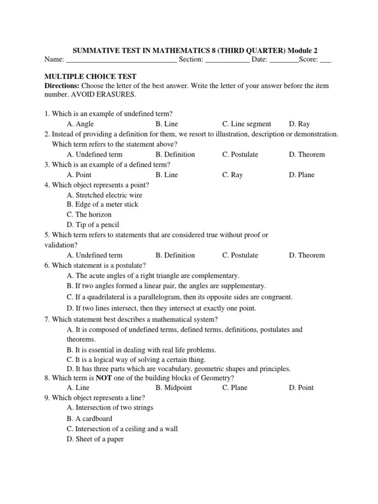 Summative Test In Mathematics 8 (Third Quarter) Module 2 | Download ...