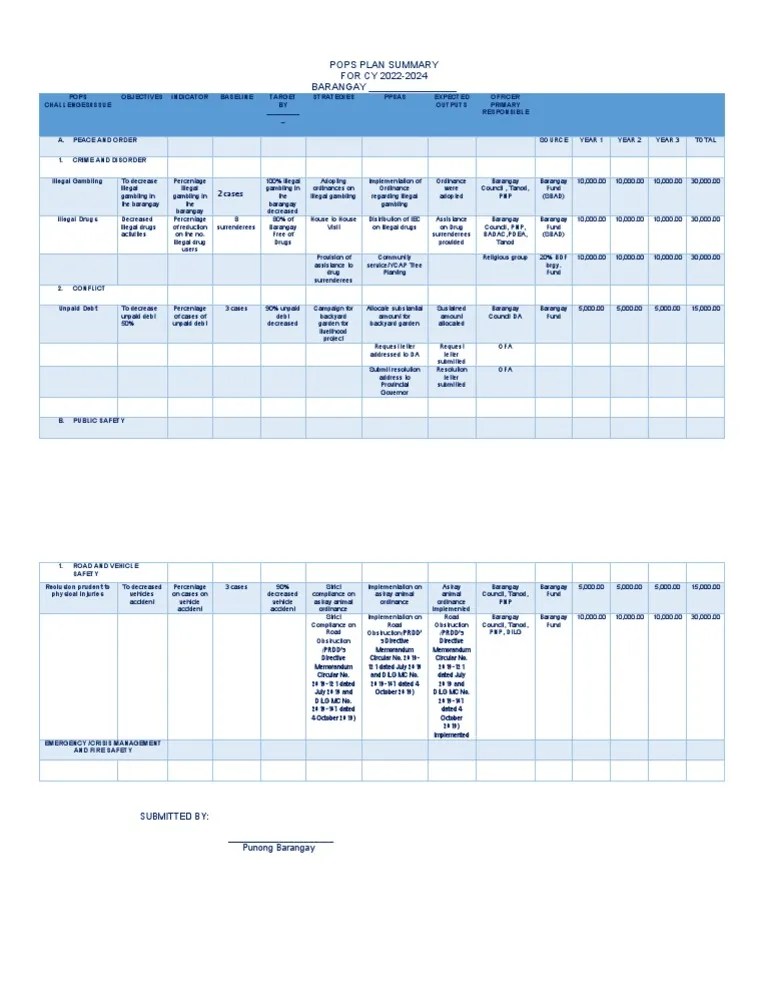 Pops Plan Summary FOR CY 2022-2024 BARANGAY | PDF