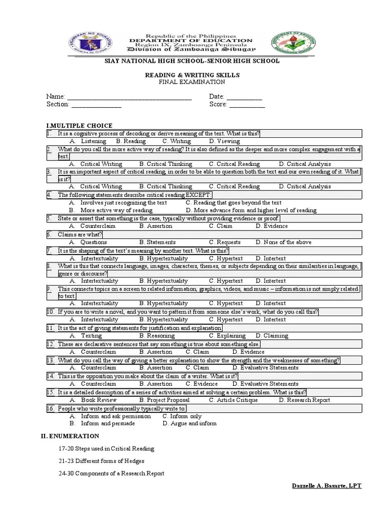 4TH Grading Examination Reading & Writing | PDF | Critical Thinking | Intertextuality