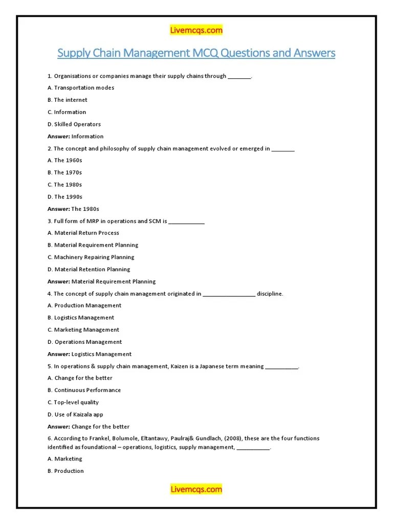 Supply Chain Management MCQ Questions And Answers PDF | PDF | Supply Chain Management | Supply Chain