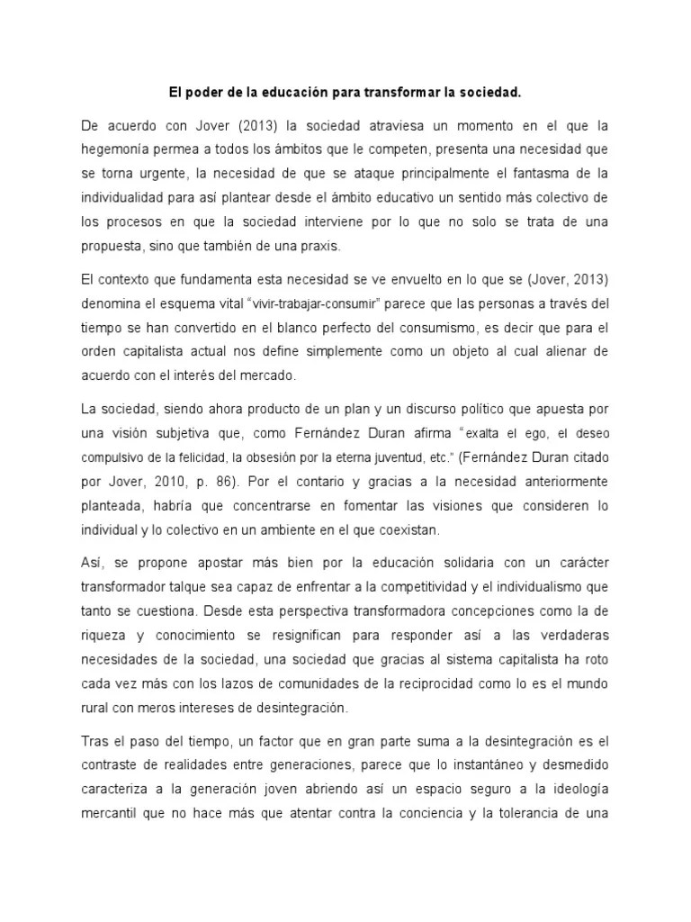 RESUMEN 2. El Poder De La Educación Para Transformar La Sociedad | PDF | Sociedad | Medios De ...