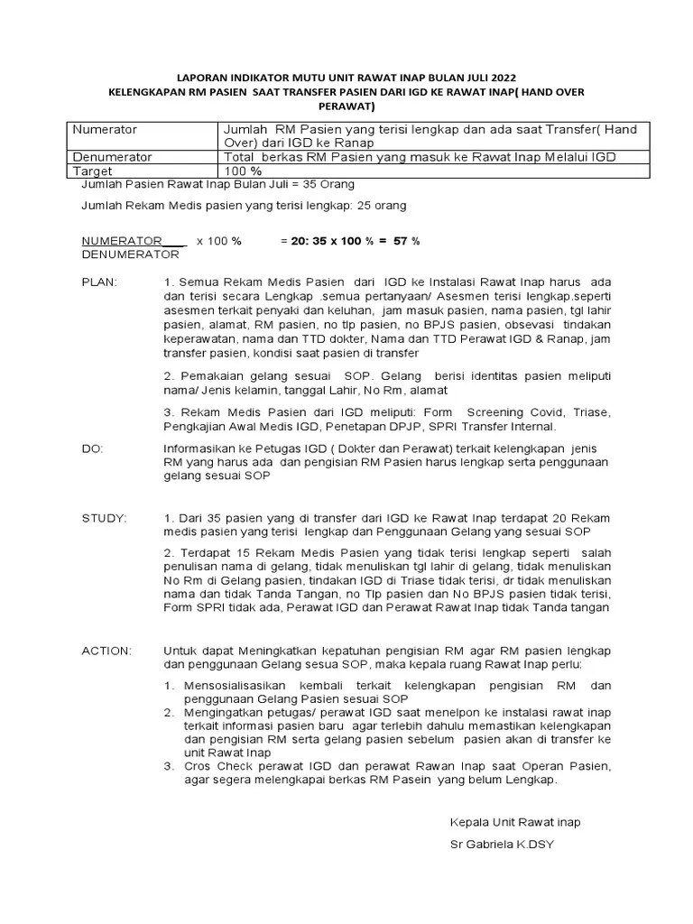 Laporan Indikator Mutu Unit Rawat Inap Bulan Juli 2022 | PDF