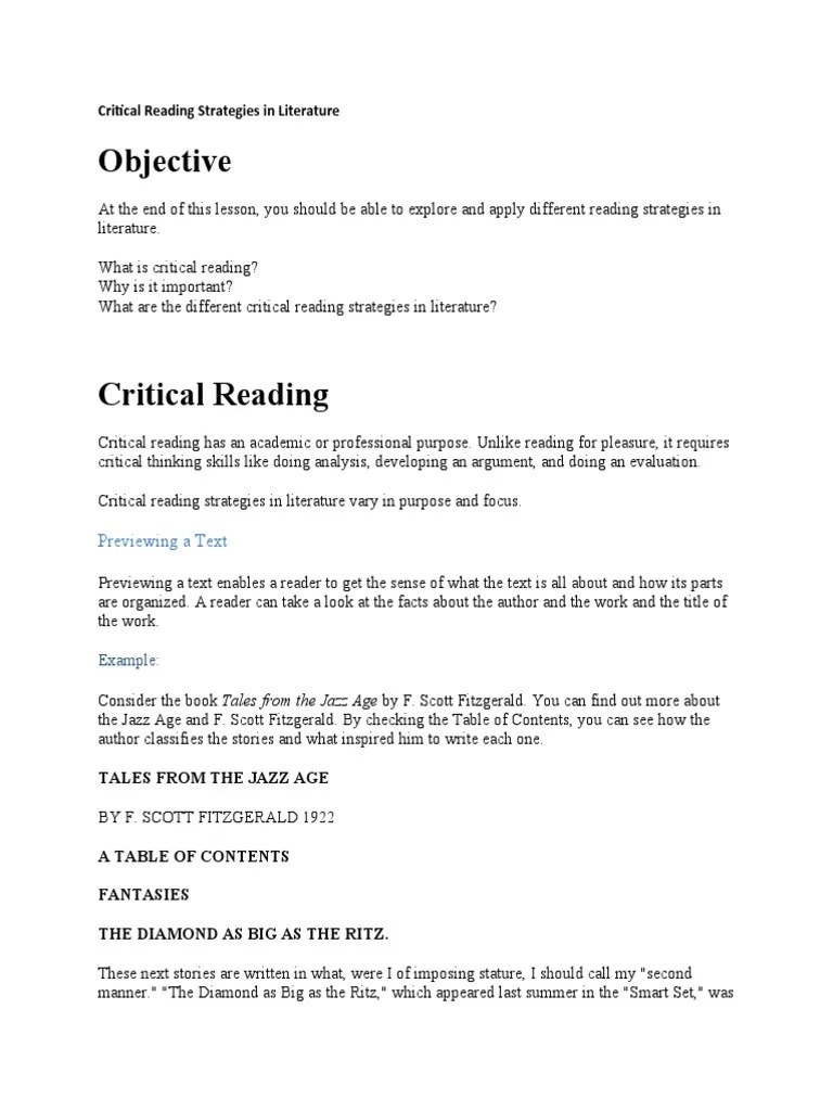 Objective: Critical Reading Strategies In Literature | PDF | Argument ...
