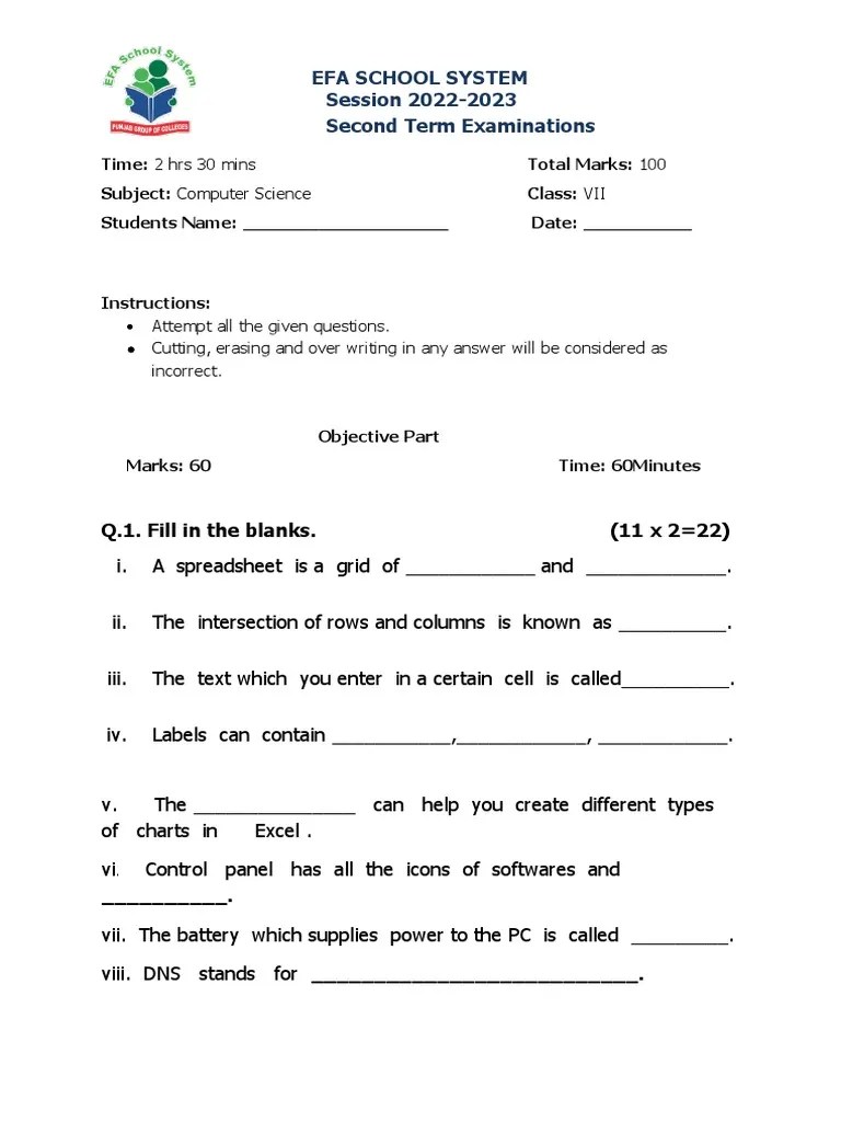 Class 7 Computer Exam Paper 2023 Pdf Microsoft Excel Spreadsheet