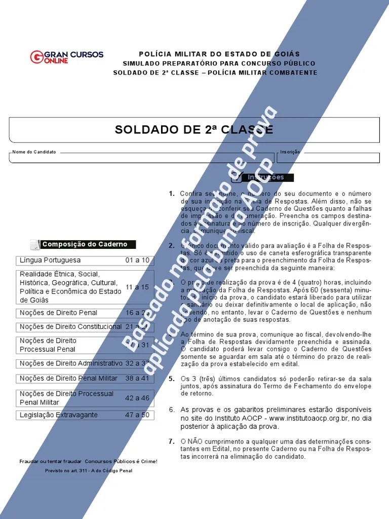 PM Go 1 Simulado Soldado De 2 Classe Policia Militar Combatente Comp410 ...