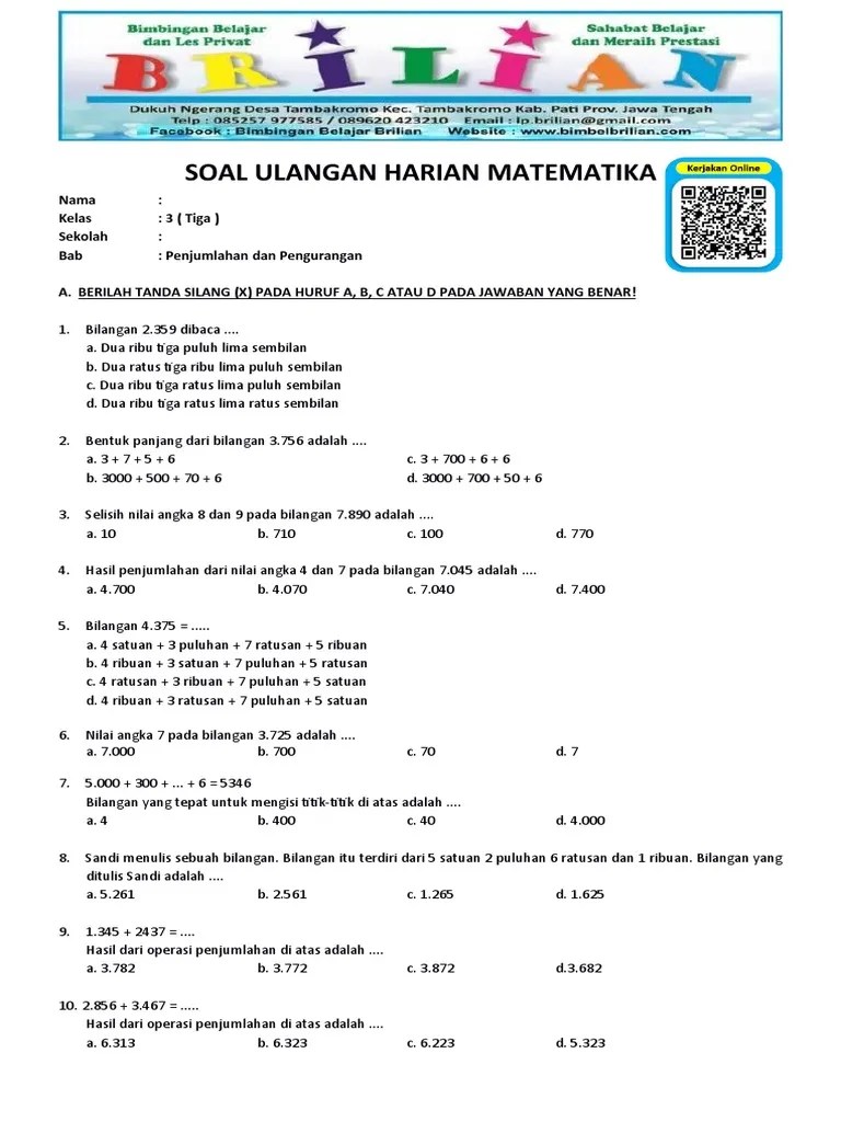 Soal Matematika Kelas 3 SD Bab 2 Penjumlahan Dan Pengurangan Dan Kunci ...