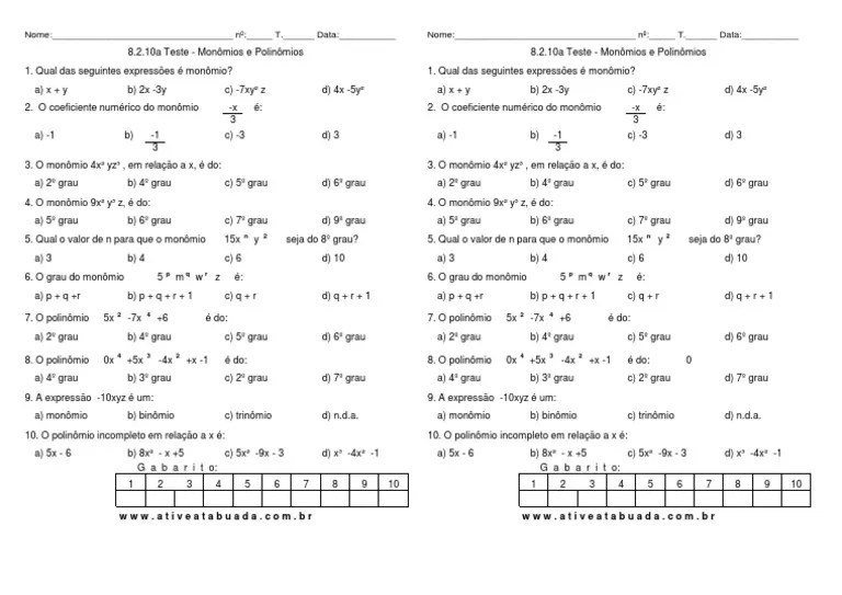 D 8-2-10a Teste Monomios E Polinomios | PDF | Matemática Aplicada ...