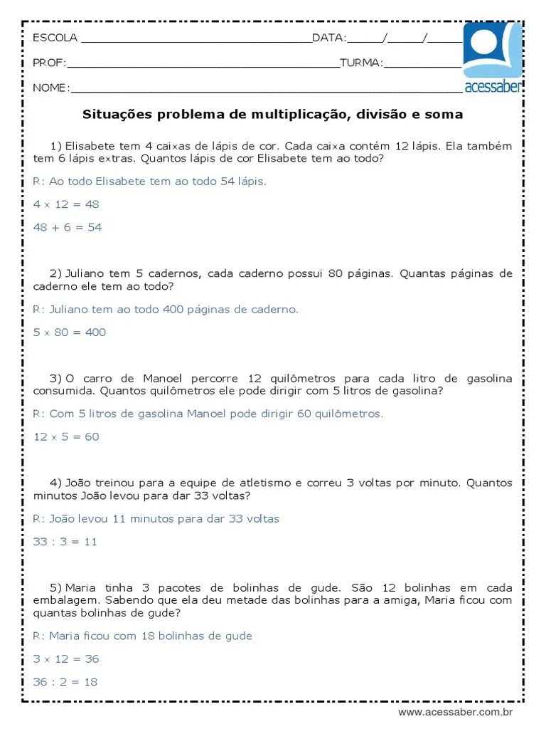 Atividade De Matematica Problemas De Multiplicacao Divisao E Soma 3 Ano E 4 Ano Respostas | PDF