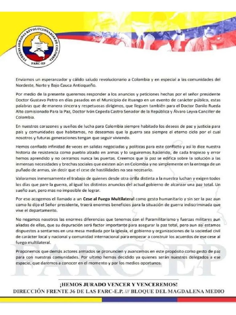 Comunicado Frente 36 Disidencias De Las Farc | PDF
