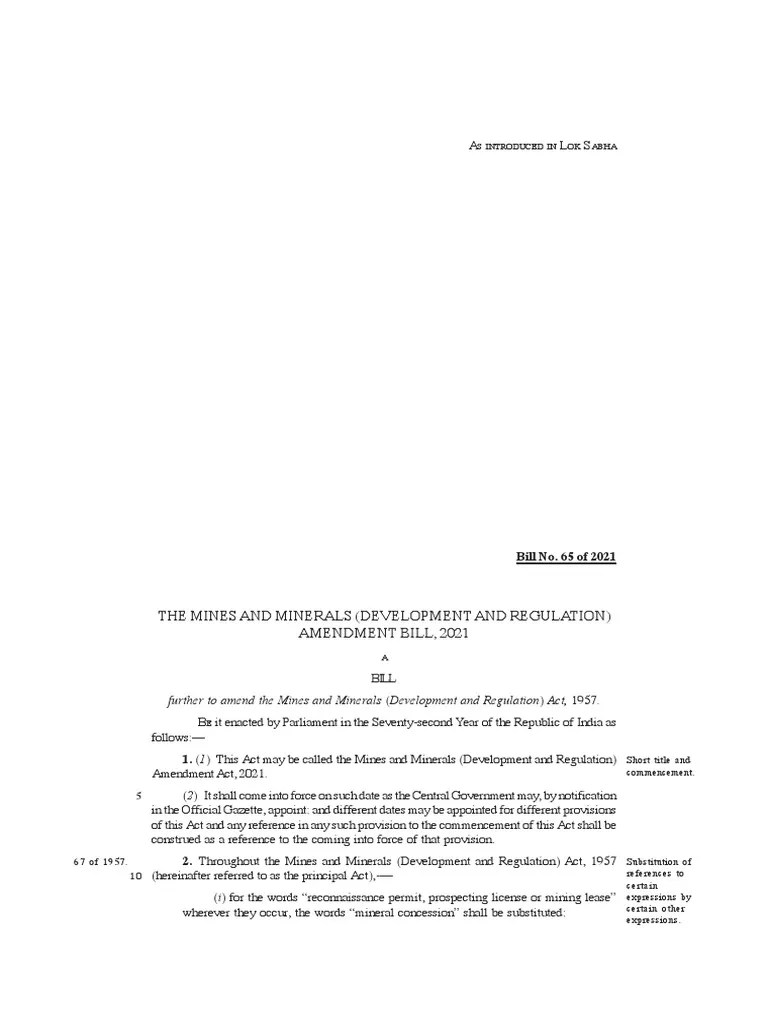 The Mines And Minerals (Development And Regulation) Amendment Bill, 2021 | PDF | Lease | Mining