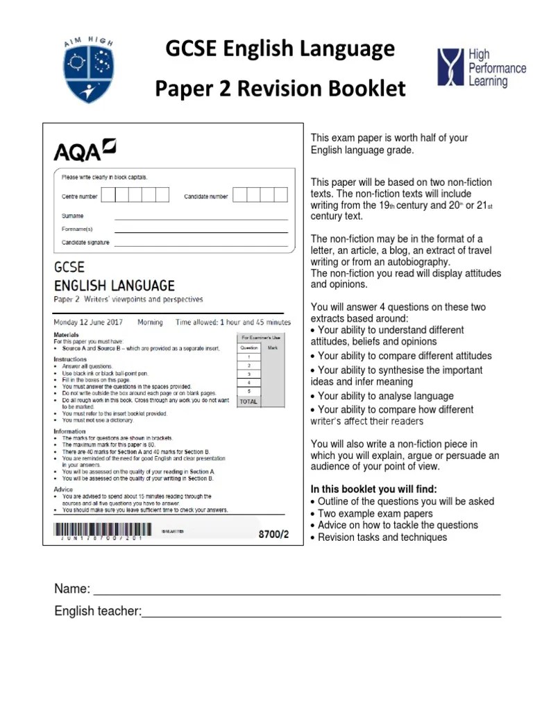 Paper 2 Revision Booklet | PDF | Test (Assessment) | Question
