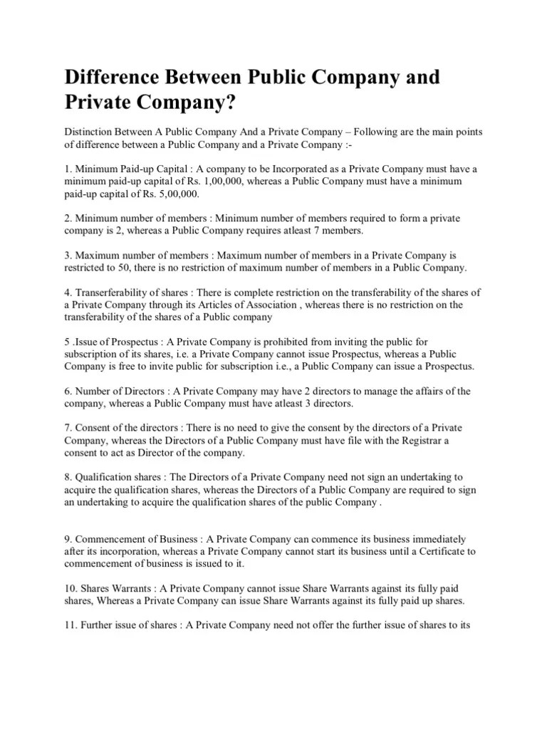 Difference Between Public Company And Private Company | PDF