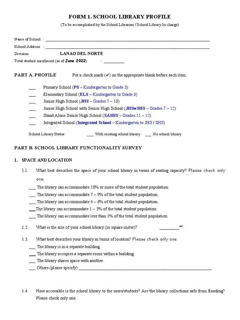 School Library Profile Template Survey Form | PDF | Libraries | School ...