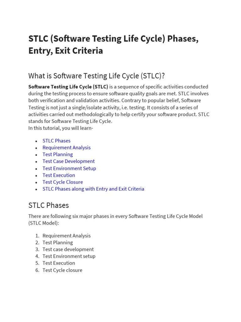 Chapter 4 - STLC (Software Testing Life Cycle) Phases, Entry, Exit ...