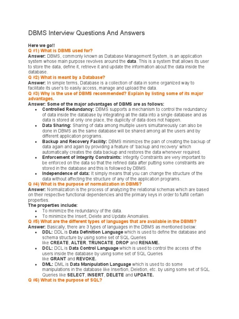DBMS Interview Questions And Answers | PDF | Databases | Relational ...