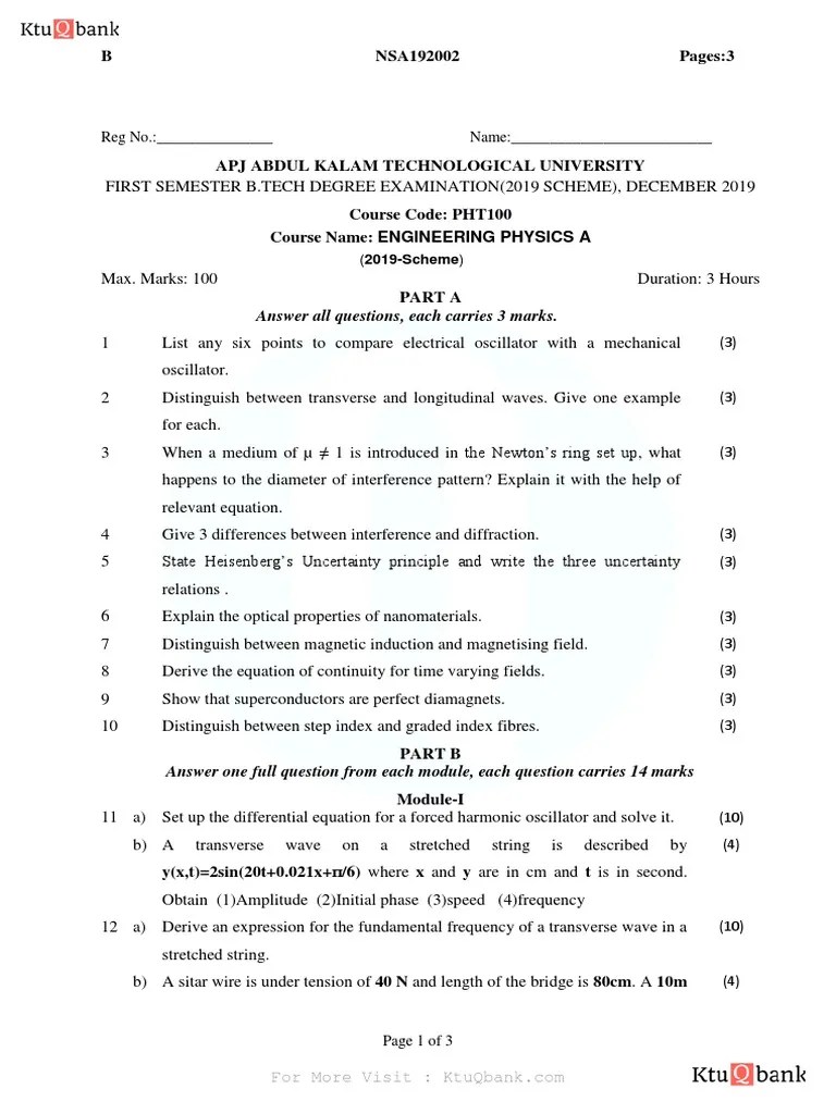 Engineering Physics A (PHT100) - Ktu Qbank | PDF | Waves | Wavelength