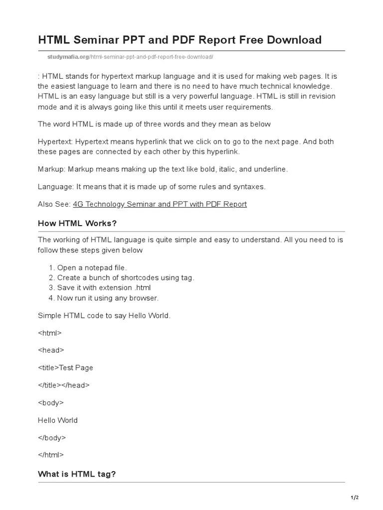 HTML Seminar PPT And PDF Report | Download Free PDF | Html | World Wide Web