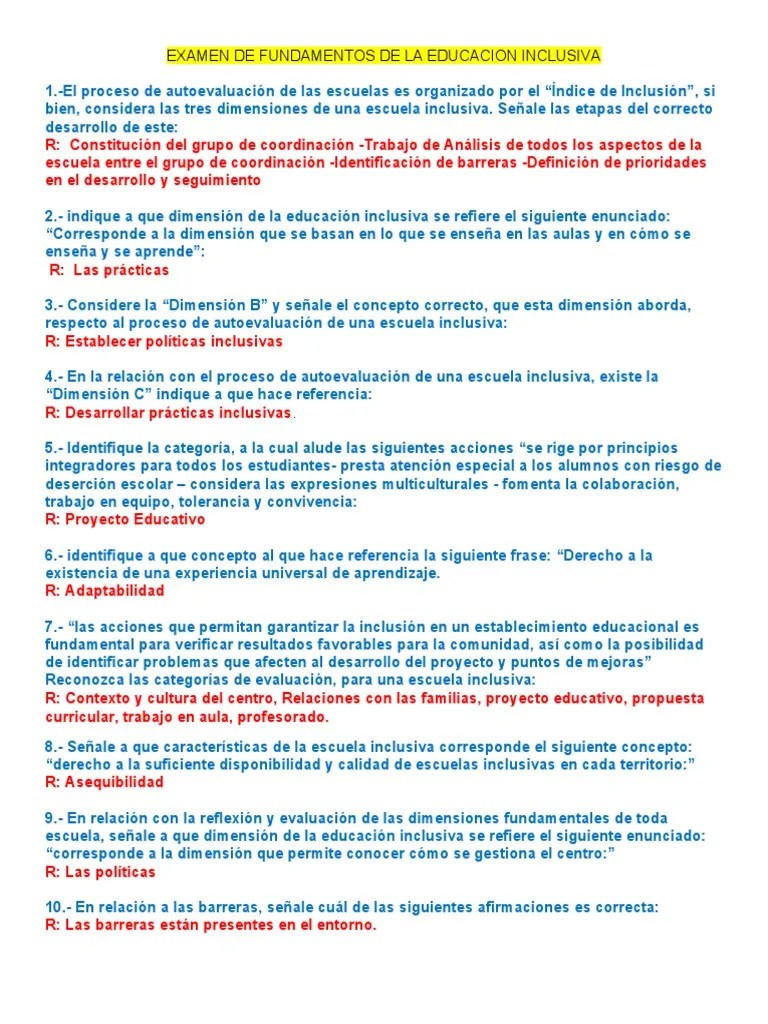 Examen De Fundamentos De La Educacion Inclusiva | PDF | Inclusión (Educación) | Evaluación